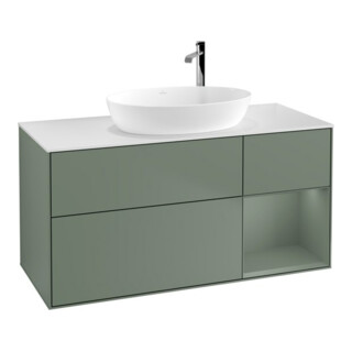 V&B Meuble sous lavabo Finion 120 cm, éclairage mural, blanc mat, olivier mat laqué