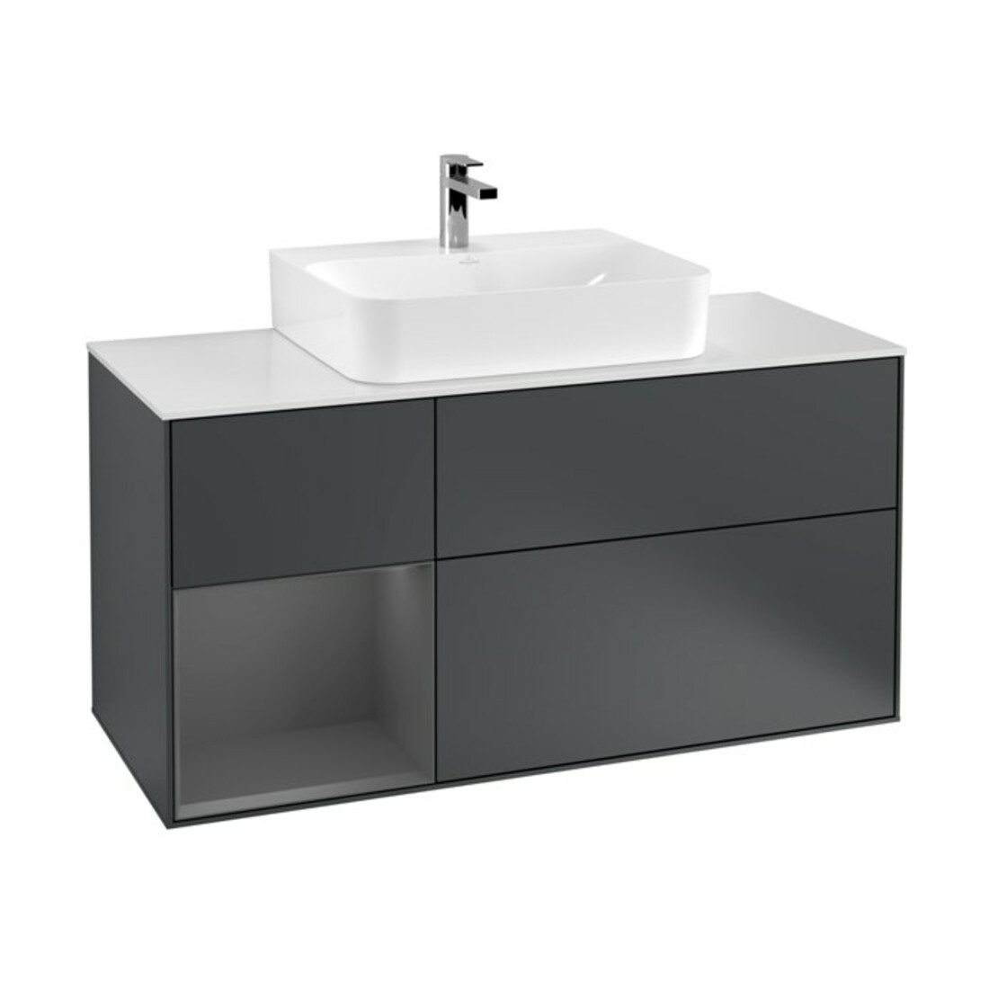 V&B Meuble sous lavabo Finion 120 cm, éclairage mural, blanc mat, poignée alu mat, miroir avec lampe