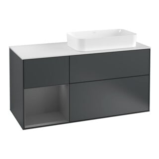 V&B Meuble sous lavabo Finion 120 cm, éclairage mural, blanc mat, poignée alu mat, miroir bleu mat