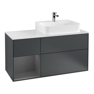 V&B Meuble sous lavabo Finion 120 cm, éclairage mural, blanc mat, poignée alu mat, miroir bleu mat
