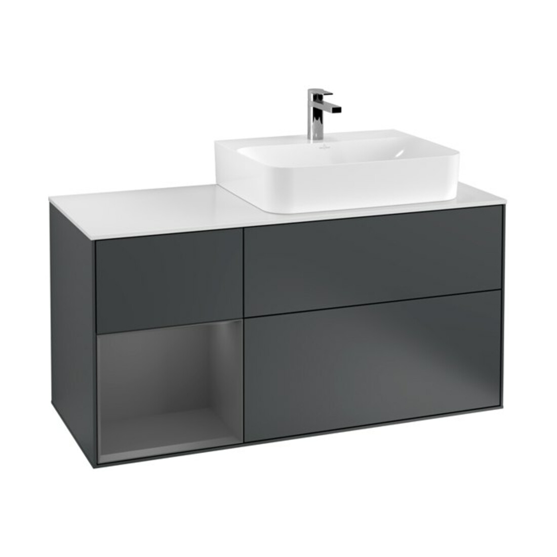 V&B Meuble sous lavabo Finion 120 cm, éclairage mural, blanc mat, poignée alu mat, miroir bleu mat