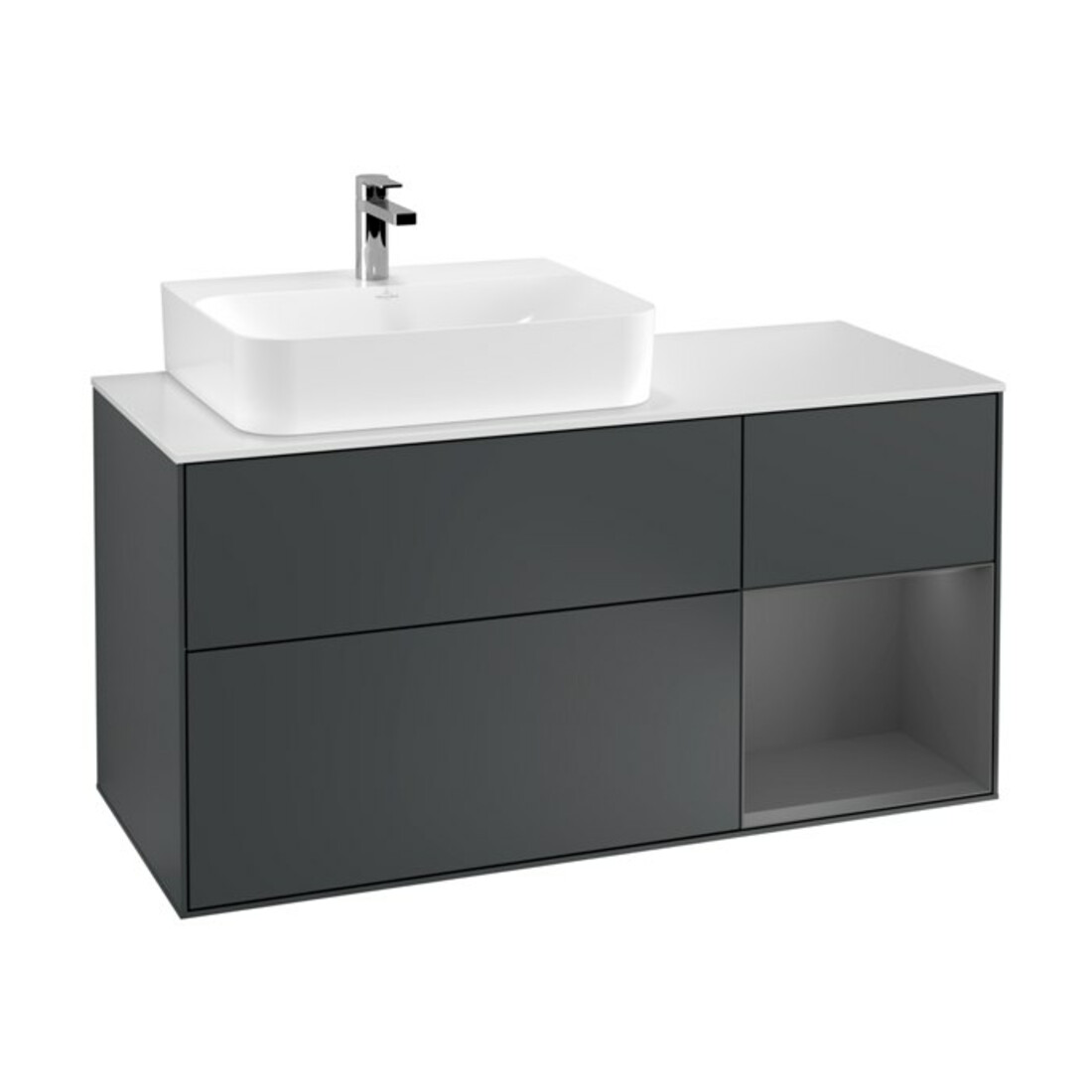 V&B Meuble sous lavabo Finion 120 cm, éclairage mural, blanc mat, poignée alu mat, miroir bleu mat