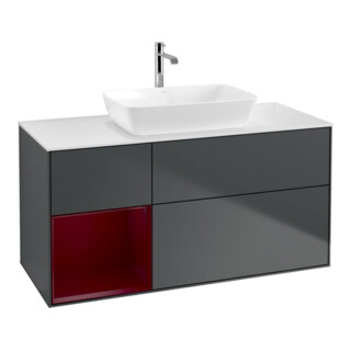 V&B Meuble sous lavabo Finion 120 cm, éclairage mural, blanc mat, poignée alu, miroir avec éclairage LED
