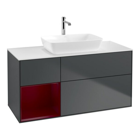 V&B Meuble sous lavabo Finion 120 cm, éclairage mural, blanc mat, poignée alu, miroir avec éclairage LED