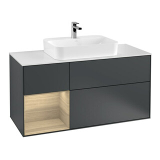 V&B Meuble sous lavabo Finion 120 cm, éclairage mural, blanc mat, poignée alu, miroir avec éclairage LED
