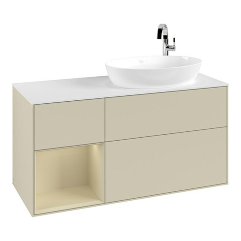 V&B Meuble sous lavabo Finion 120 cm, éclairage mural, blanc mat, poignée argent mat laqué, gris mat laqué