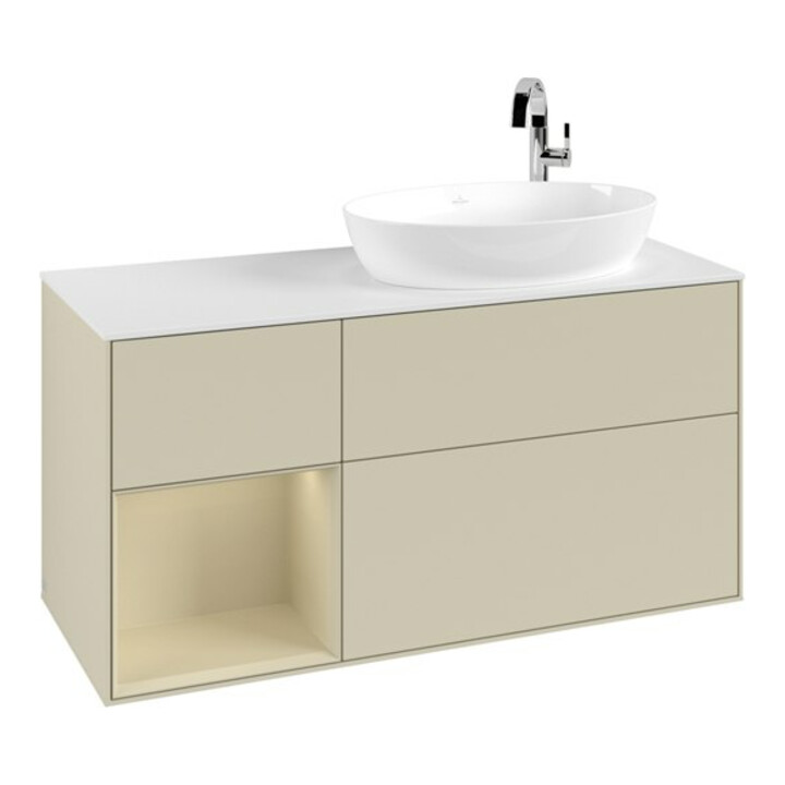 V&B Meuble sous lavabo Finion 120 cm, éclairage mural, blanc mat, poignée argent mat laqué, gris mat laqué