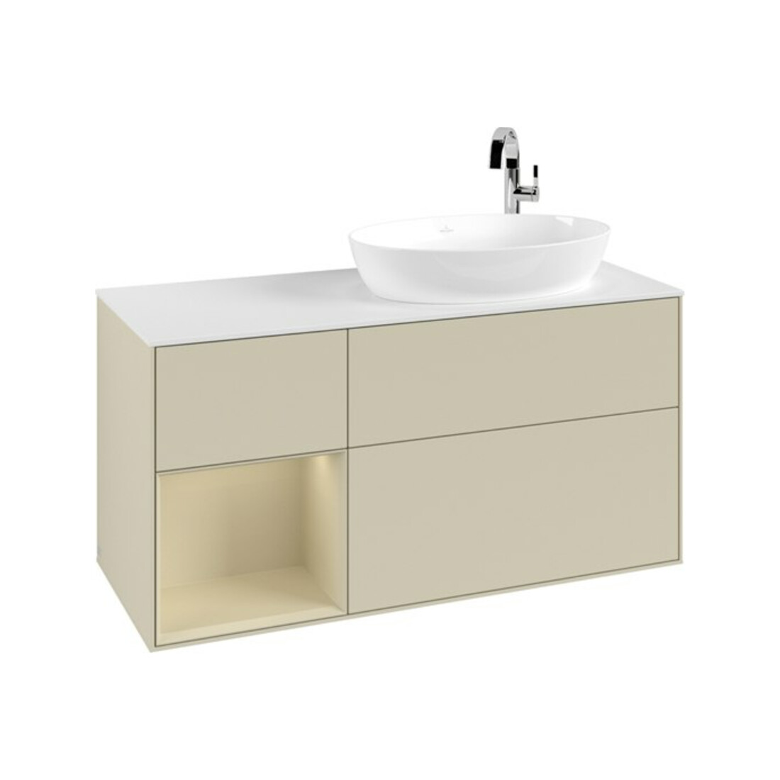 V&B Meuble sous lavabo Finion 120 cm, éclairage mural, blanc mat, poignée argent mat laqué, gris mat laqué