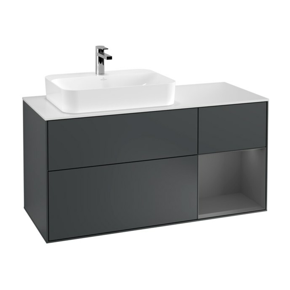 V&B Meuble sous-lavabo Finion 120 cm, éclairage mural, blanc mat, poignée argent mat, miroir avec éclairage LED