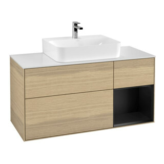 V&B Meuble sous lavabo Finion 120 cm, éclairage mural, blanc mat, poignée bleue, finition Lac, Oa ven