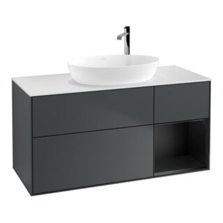V&B Meuble sous lavabo Finion 120 cm, éclairage mural, blanc mat, poignée bois mat laqué, milieu blanc mat laqué