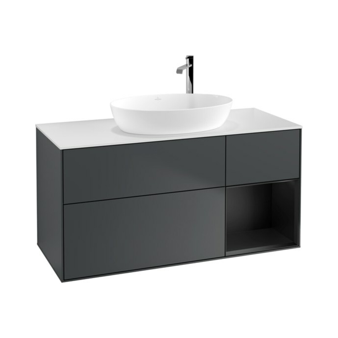 V&B Meuble sous lavabo Finion 120 cm, éclairage mural, blanc mat, poignée bois mat laqué, milieu blanc mat laqué