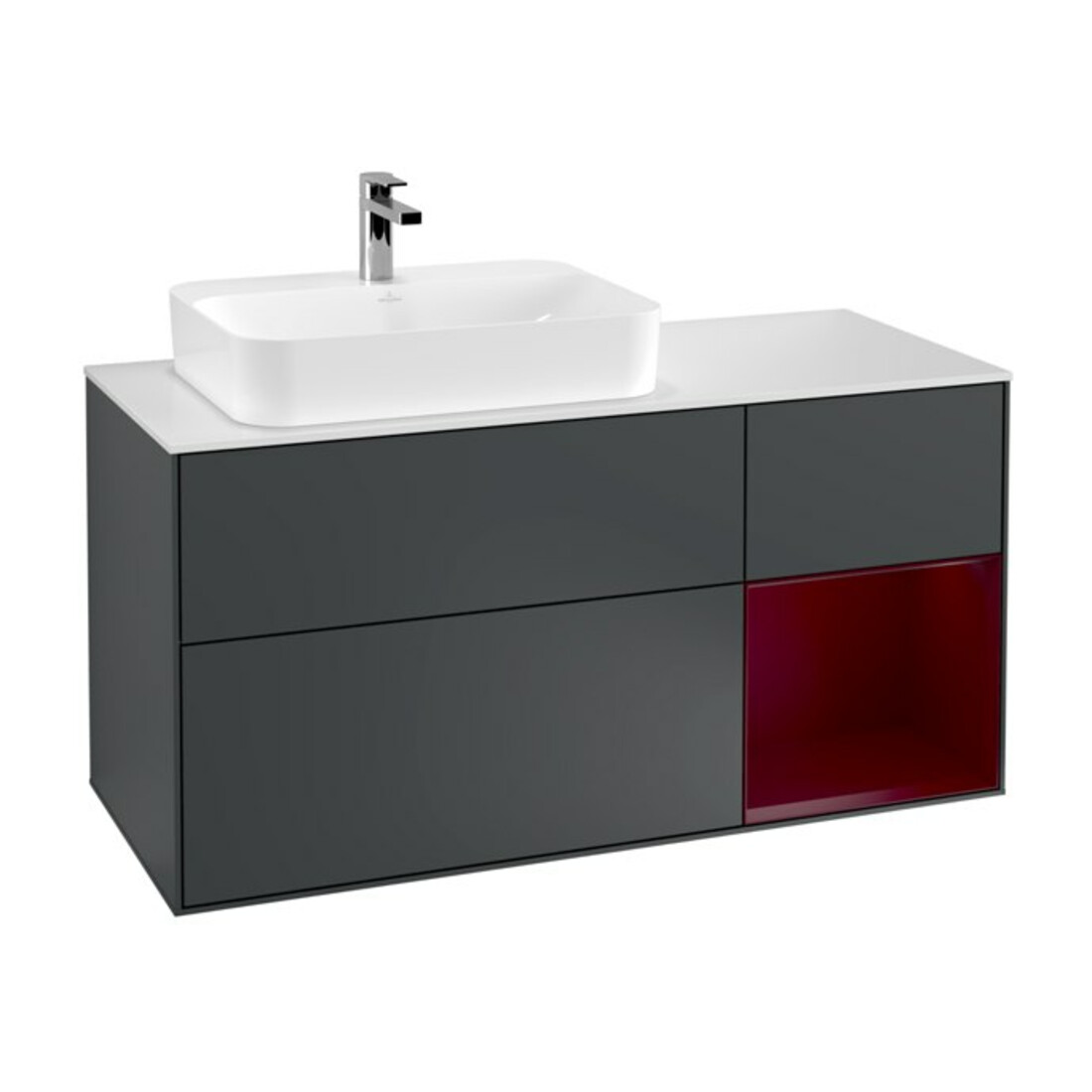 V&B Meuble sous lavabo Finion 120 cm, éclairage mural, blanc mat, poignée droite, miroir bleu mat avec laque