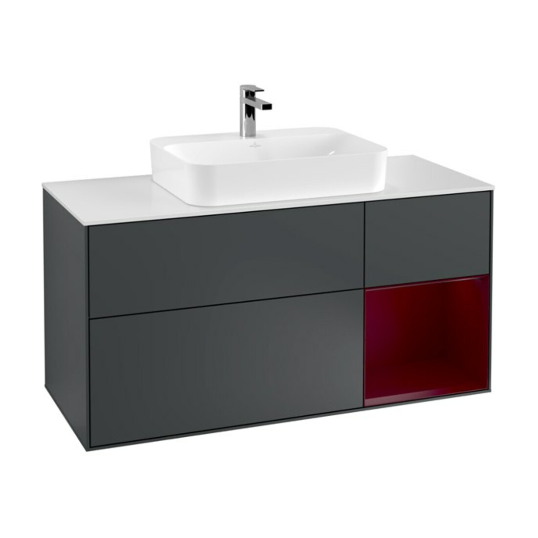 V&B Meuble sous lavabo Finion 120 cm, éclairage mural, blanc mat, poignée droite, miroir bleu mat, laqué
