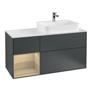 V&B Meuble sous lavabo Finion 120 cm, éclairage mural, blanc mat, poignée en laiton, avec miroir lumineux