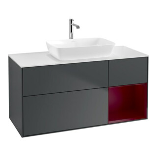 V&B Meuble sous-lavabo Finion 120 cm, éclairage mural, blanc mat, poignée en métal laqué, avec miroir bleu mat
