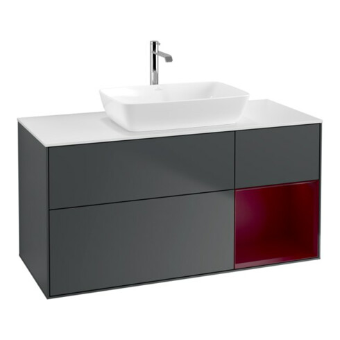 V&B Meuble sous-lavabo Finion 120 cm, éclairage mural, blanc mat, poignée en métal laqué, avec miroir bleu mat