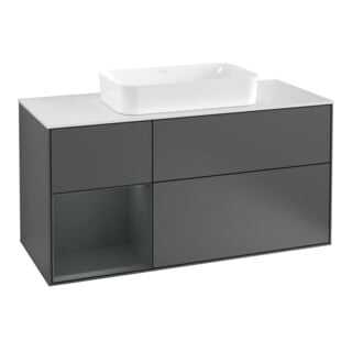 V&B Meuble sous lavabo Finion 120 cm, éclairage mural, blanc mat, poignée laiton, alu mat