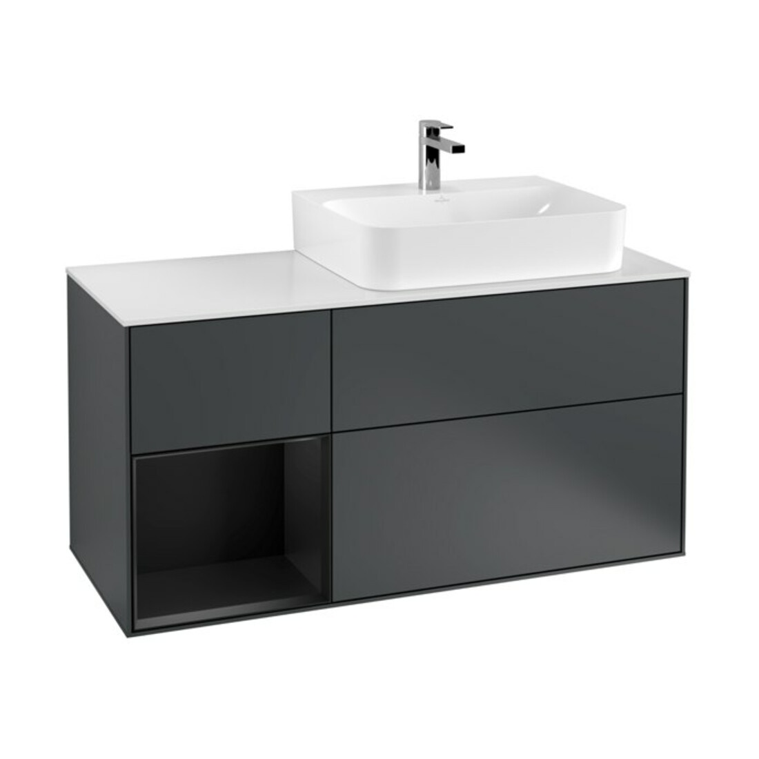 V&B Meuble sous lavabo Finion 120 cm, éclairage mural, blanc mat, poignée laiton, miroir bleu mat