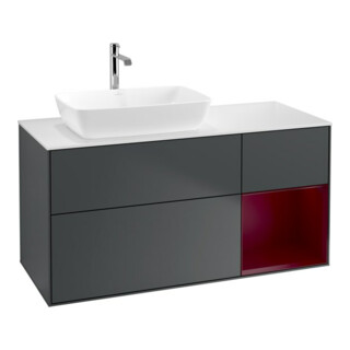 V&B Meuble sous lavabo Finion 120 cm, éclairage mural, blanc mat, poignée laiton, miroir bleu mat laqué