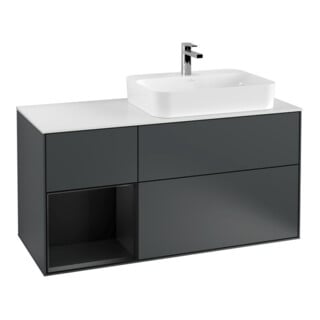 V&B Meuble sous lavabo Finion 120 cm, éclairage mural, blanc mat, poignée latérale, miroir bleu mat lacqué