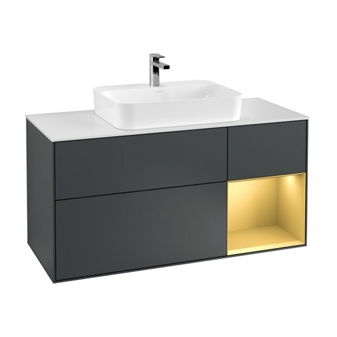 V&B Meuble sous lavabo Finion 120 cm, éclairage mural, blanc mat, poignée or mat, miroir bleu mat Lac