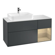 V&B Meuble sous lavabo Finion 120 cm, éclairage mural, blanc mat, poignée rouge or, avec miroir bleu mat, laqué