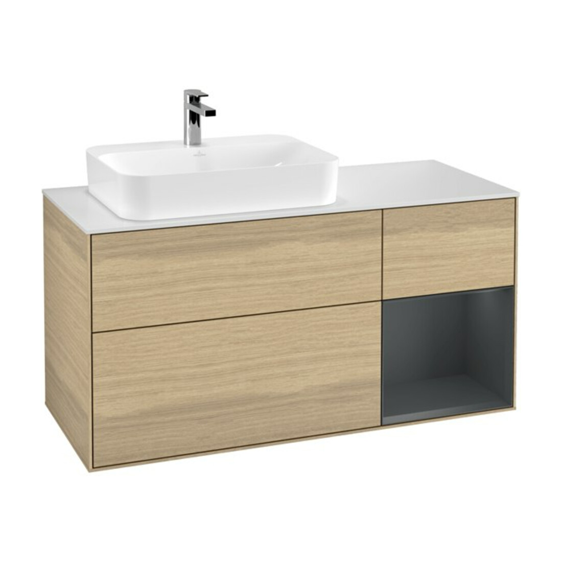 V&B Meuble sous-lavabo Finion 120 cm, éclairage mural, blanc mat, poignées rouge moyen bleu, laqué, ouverture à pression