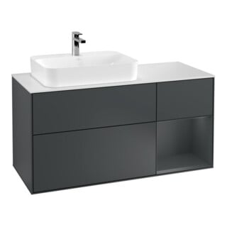 V&B Meuble sous lavabo Finion 120 cm, éclairage mural, blanc mat, poignées rouge moyen bois laqué, moyen bois laqué