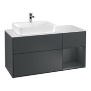 V&B Meuble sous lavabo Finion 120 cm, éclairage mural, blanc mat, poignées rouge moyen bois laqué, moyen bois laqué