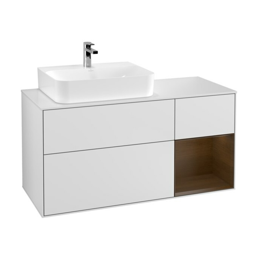 V&B Meuble sous lavabo Finion 120 cm, éclairage mural, blanc mat, porte gauche, blanc mat avec laque