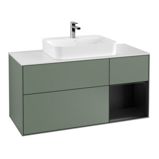 V&B Meuble sous lavabo Finion 120 cm, éclairage mural, blanc mat, réglette bleue mat, olivier mat lacqué