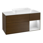 V&B Meuble sous lavabo Finion 120 cm, éclairage mural, blanc mat, réglette droite, bois laqué, chêne sauvage