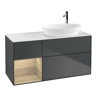 V&B Meuble sous lavabo Finion 120 cm, éclairage mural, blanc mat, réglette Oa ven, miroir avec laque