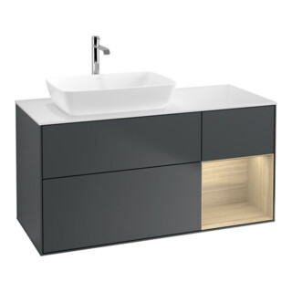 V&B Meuble sous lavabo Finion 120 cm, éclairage mural, blanc mat, régulateur Oa ven, bleu moyen laqué