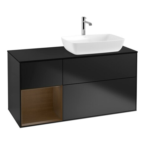 V&B Meuble sous lavabo Finion 120 cm, éclairage mural, blanc mat, tiroir bois, blanc mat laqué
