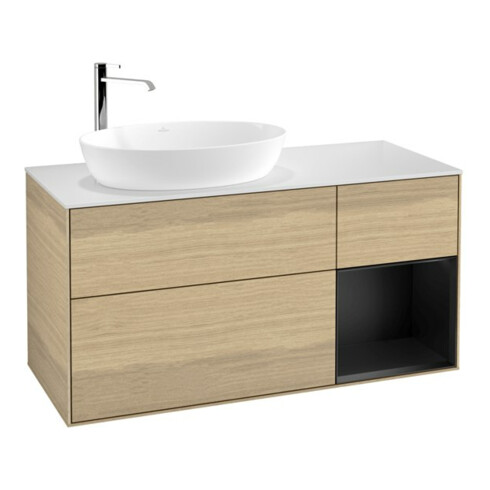 V&B Meuble sous-lavabo Finion 120 cm, éclairage mural, blanc mat, tiroirs bleus mat, ven. Oa