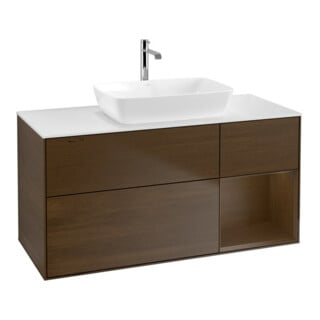 V&B Meuble sous lavabo Finion 120 cm, éclairage mural, blanc, placage noyer ven.
