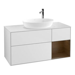 V&B Meuble sous lavabo Finion 120 cm, éclairage mural, blanc, placage noyer ven. blanc mat Lac