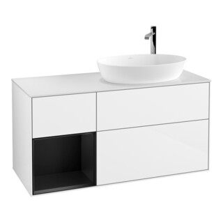 V&B Meuble sous lavabo Finion 120 cm, éclairage mural, bleu lacqué brillant, blanc lacqué