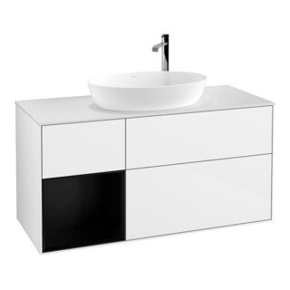 V&B Meuble sous-lavabo Finion 120 cm, éclairage mural, bleu lacqué brillant, blanc lacqué