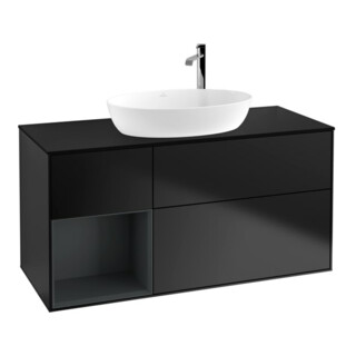 V&B Meuble sous-lavabo Finion 120 cm, éclairage mural, bleu mat, étagère médium mat laqué, bleu mat laqué
