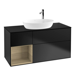 V&B Meuble sous-lavabo Finion 120 cm, éclairage mural, bleu mat, rangement ouvert, bleu mat laqué