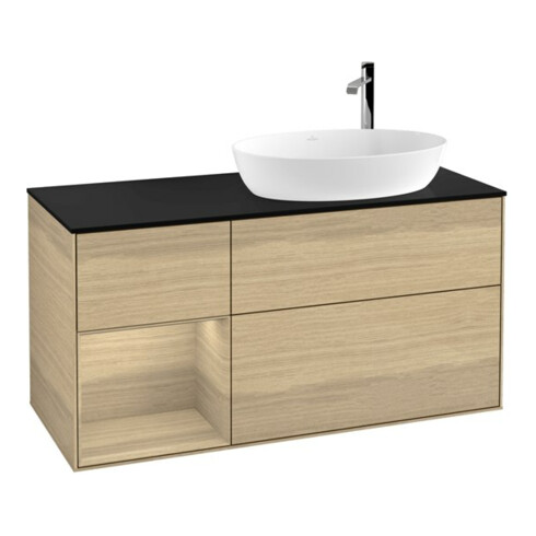 V&B Meuble sous-lavabo Finion 120 cm, éclairage mural, bleu pâle, avec étagère ouverte