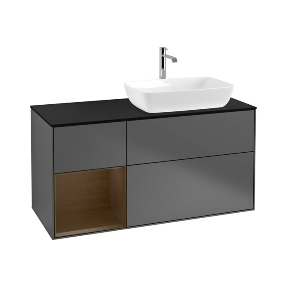 V&B Meuble sous-lavabo Finion 120 cm, éclairage mural, bleu pâle, étagère noyer, anthracite m