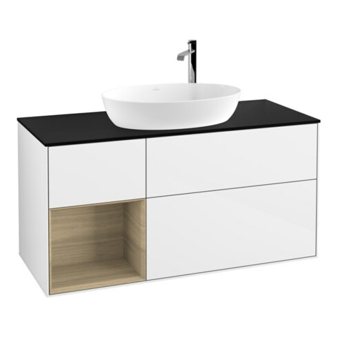 V&B Meuble sous lavabo Finion 120 cm, éclairage mural, bleu pâle, étagère ouverte, blanc brillant, laqué