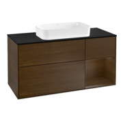 V&B Meuble sous lavabo Finion 120 cm, éclairage mural, bleu pâle, porte battante, chêne sauvage