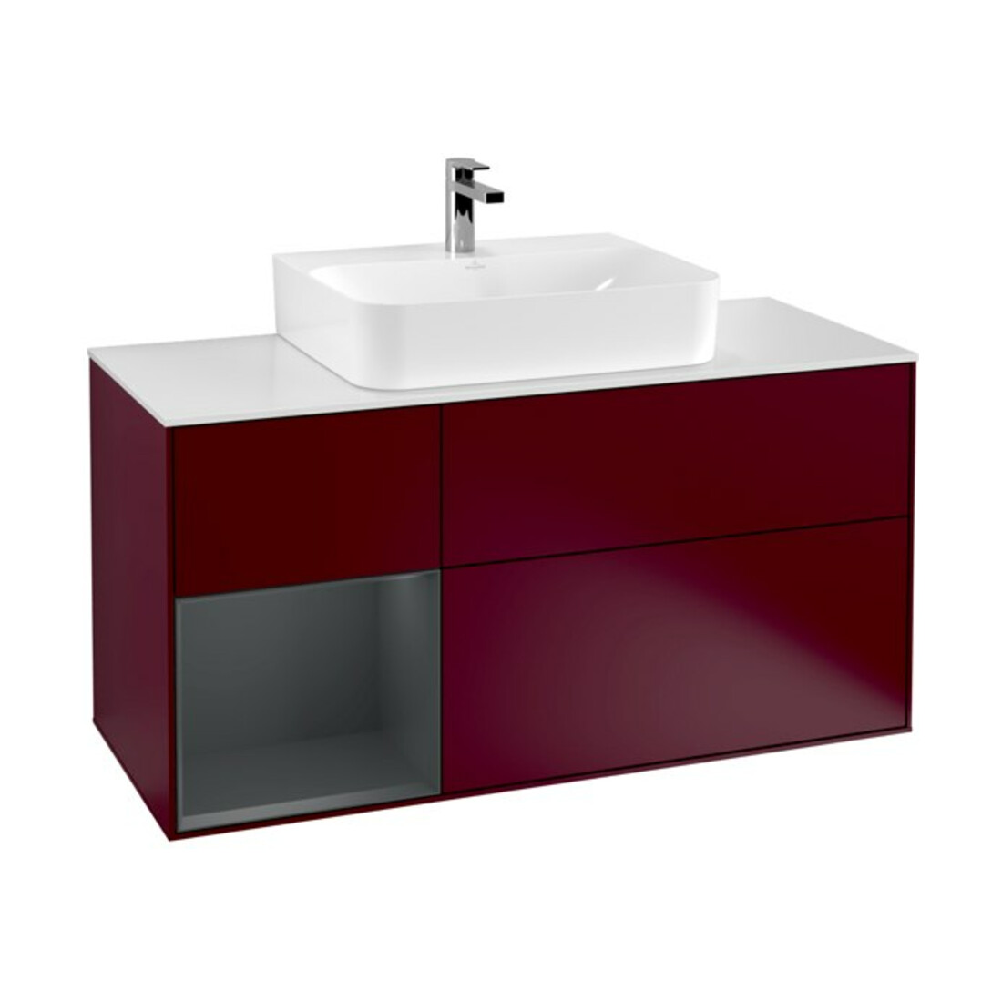 V&B Meuble sous lavabo Finion 120 cm, éclairage mural, gauche, blanc mat, laqué, poignée métal
