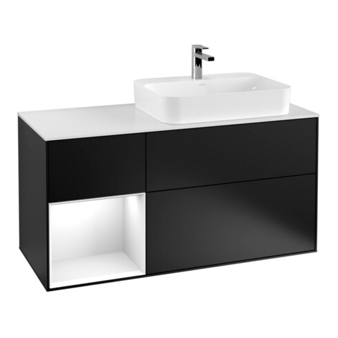 V&B Meuble sous lavabo Finion 120 cm, éclairage mural, laqué blanc, bleu mat lacqué