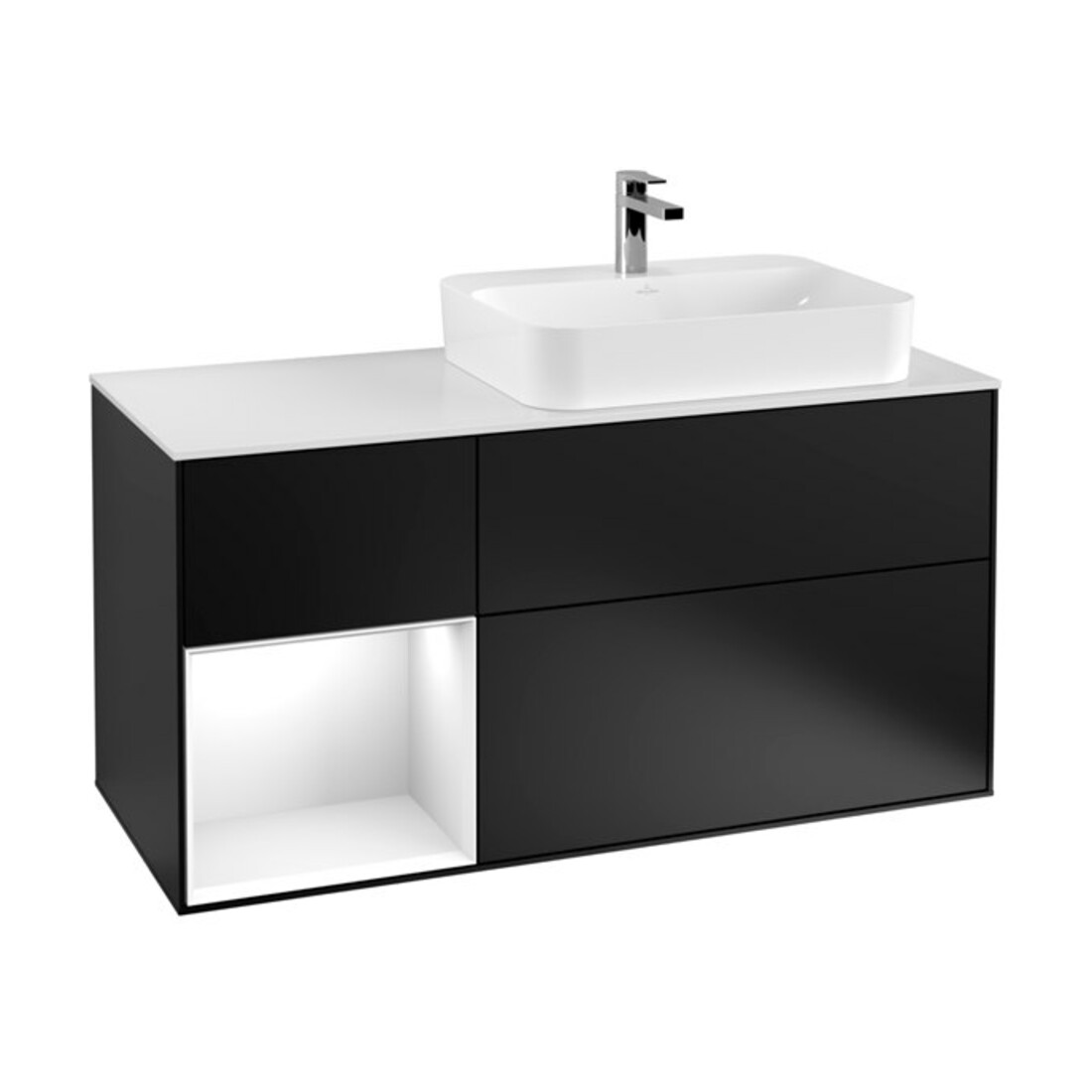 V&B Meuble sous lavabo Finion 120 cm, éclairage mural, laqué blanc, bleu mat lacqué